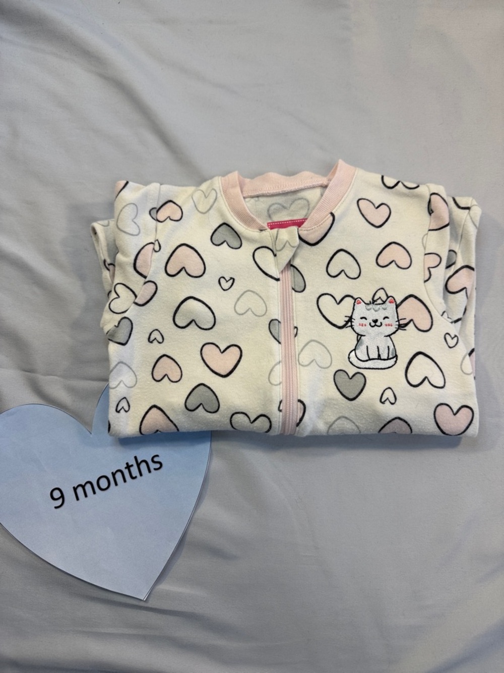 Tuffy Heart Print Baby Onesie with embroidered cat